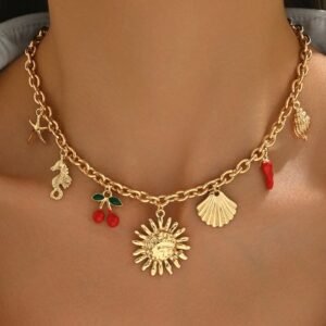 Collier Breloques Été — Soleil, cerises, coquillage & vie marine — Style bohème doré