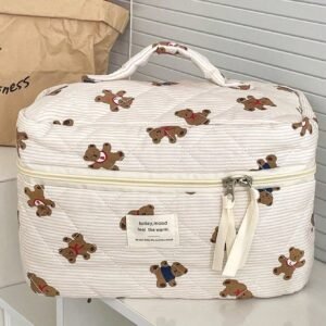 Grande Vanity Matelassée Oursons — Trousse de toilette à poignée — Style coréen teddy bear doux